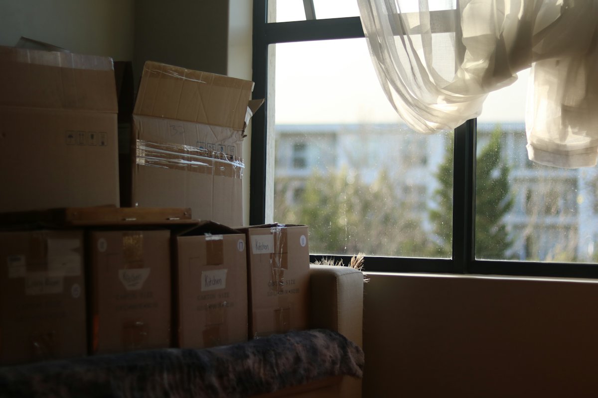Moving boxes stacked by a sunny window