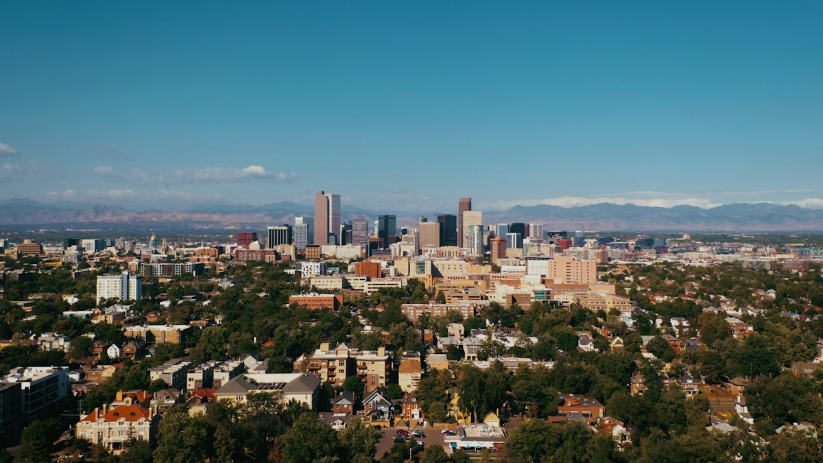 Denver skyline with the Rocky Mountains