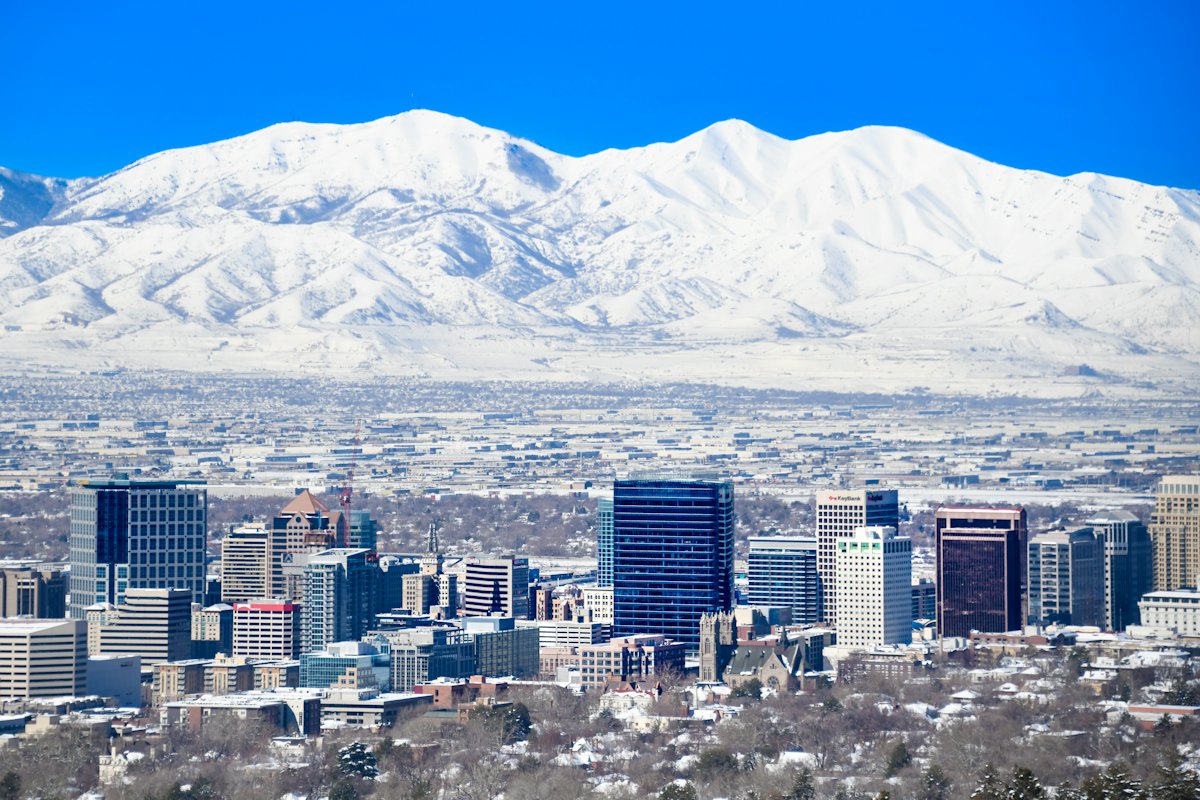 Salt Lake City with snow-covered mountains